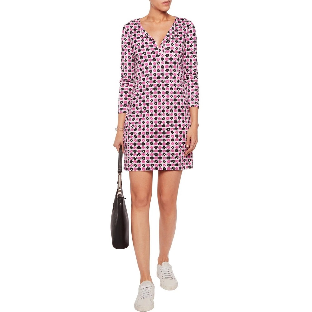 NWT Diane von Furstenberg DVF Reina Jersey Tunic Shift Dress Pink Geo Dot 2 0 XS
